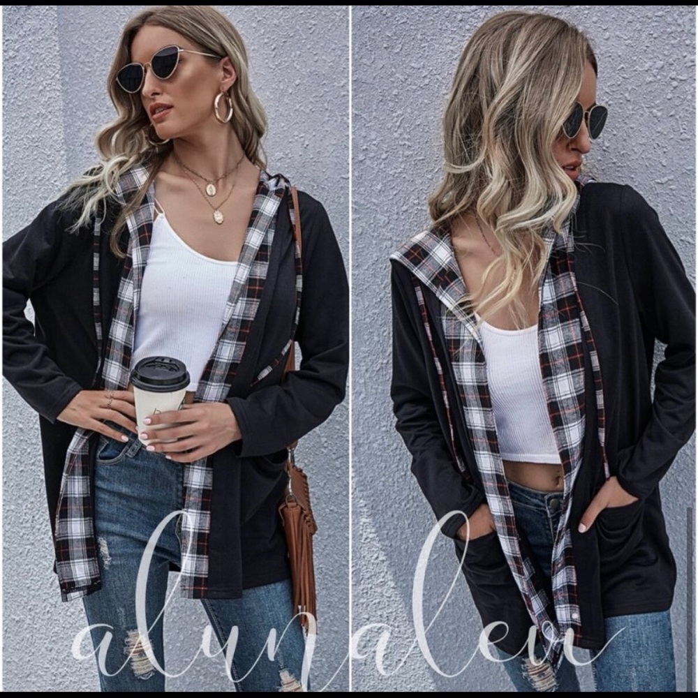 HP💥Black Plaid Hoodie Jacket Coat with Pockets - Picture 2 of 6